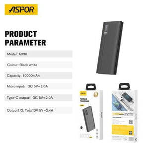 ASPOR A330 10000mAh Power Bank | Mini Size Portable Travel Battery Pack