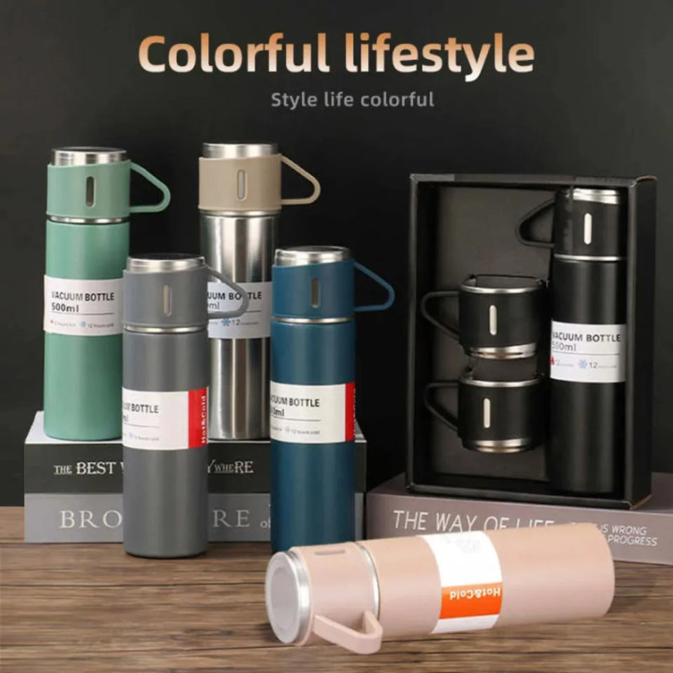3 Cup 500ML Double-Layer Stainless Steel Vacuum Flask Set | Hot & Cold | Travel Thermos Durable Insulated Stainless Steel Flask