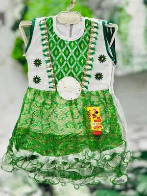 2 Pcs Girl's Silk Printed Frock And Trouser Set